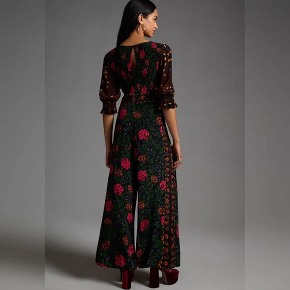 ☆SOLD☆ Farm Rio Anthropologie Smocked Jumpsuit In Black Motif Sz Extra Large - Picture 3 of 8